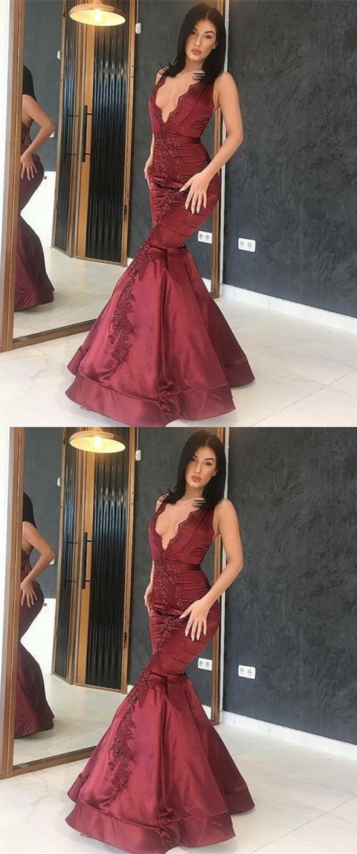 Burgundy Mermaid Prom Dresses, Unique Deep V Neck Evening cg19484