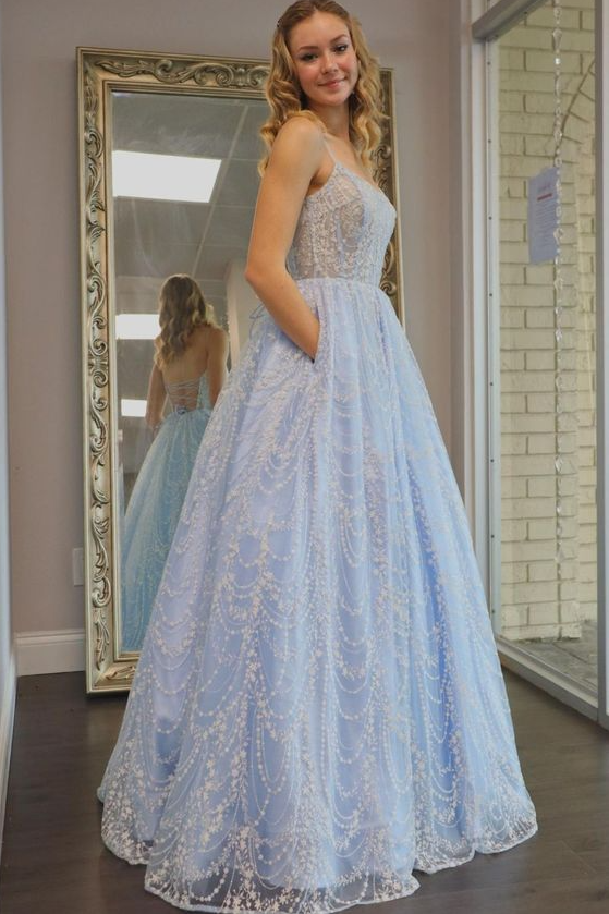 A-line light blue long prom dress with pockets and lace up back cg19497