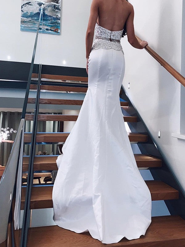 Trumpet/Mermaid Satin Beading High Neck Sleeveless Sweep/Brush Train Two Piece Dresses Prom Dress cg19522