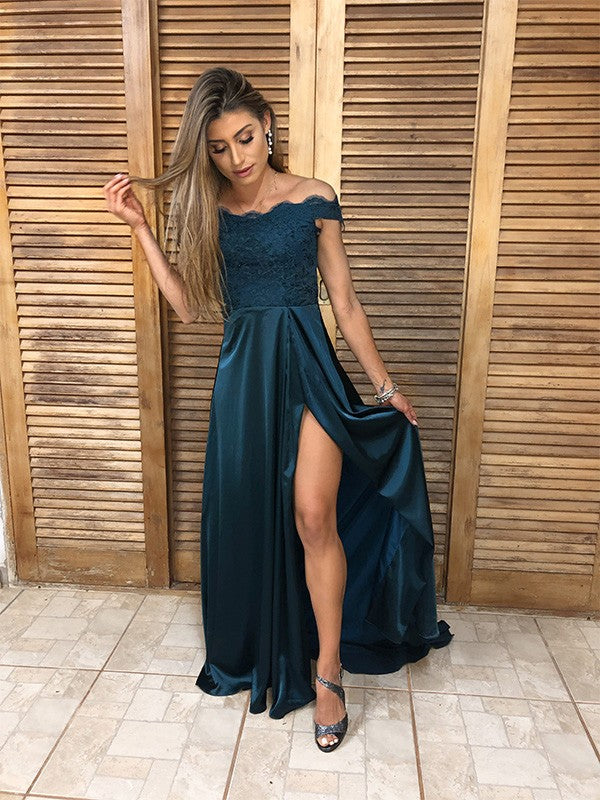 A-Line/Princess Silk like Satin Lace Off-the-Shoulder Sleeveless Sweep/Brush Train Dresses Prom Dress cg19523