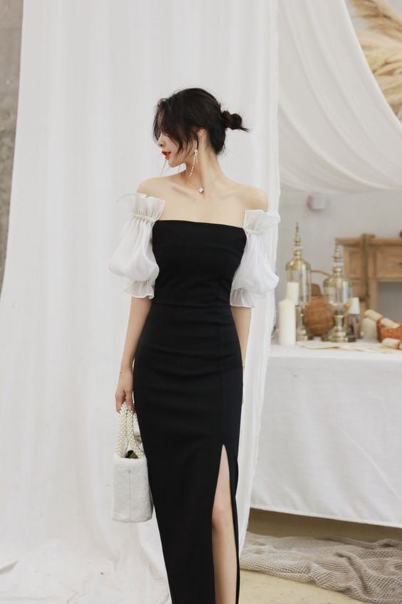 Unique long prom dress Off-Shoulder Puff-Sleeve Sheath Dress cg19542