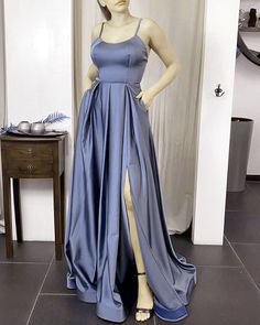 Steel blue satin bridesmaid dresses spaghetti straps satin gown leg split long prom dress evening dress cg19553