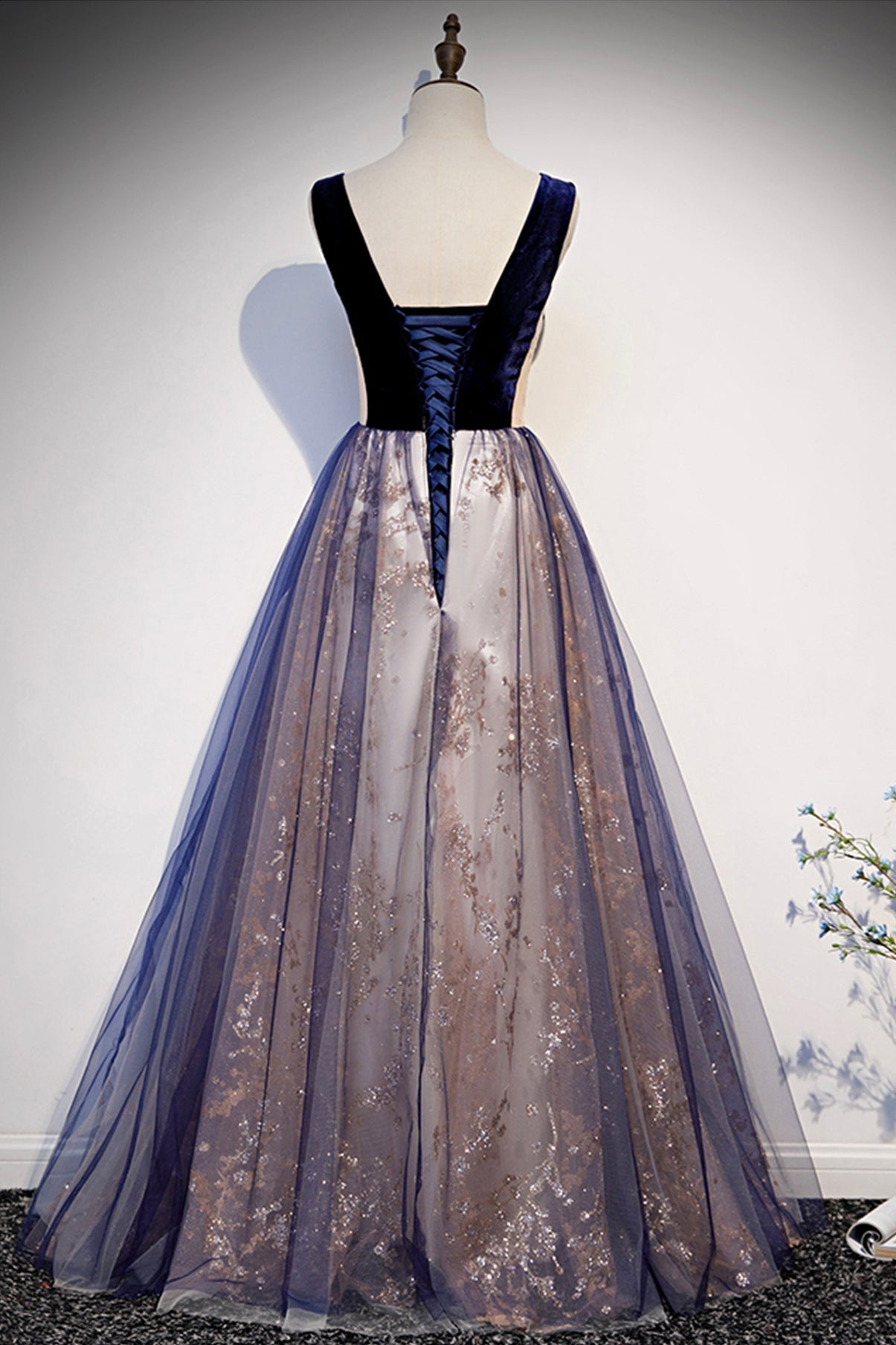 BLUE V NECK TULLE LONG A LINE PROM DRESS FORMAL DRESS cg19562