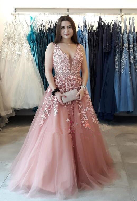 Blush Pink A-line Lace Appliques Long Formal prom Dress cg19568