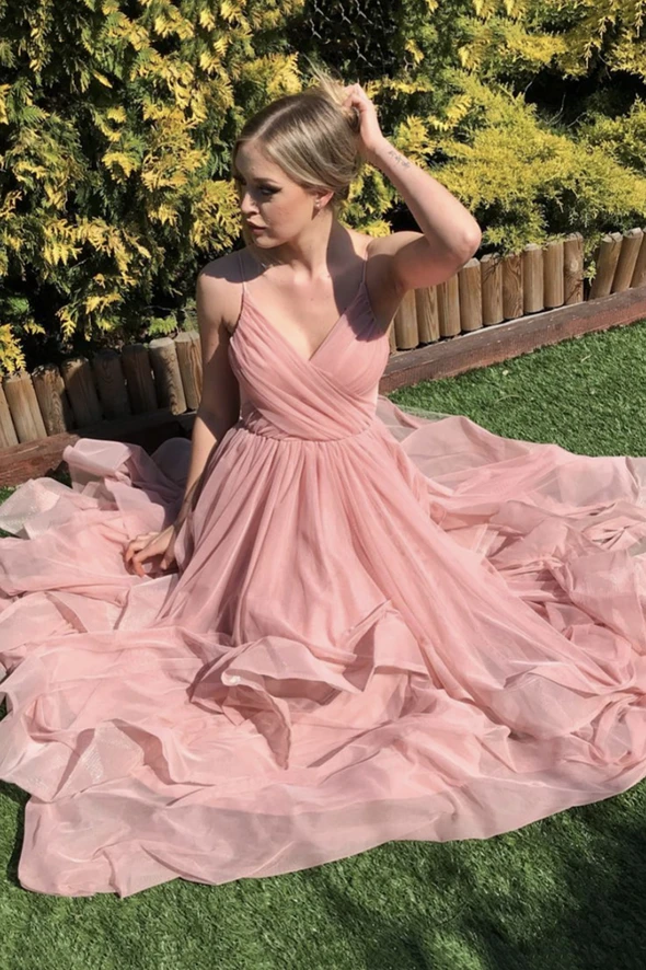 Pink v neck chiffon A line prom dress pink evening dress cg19584