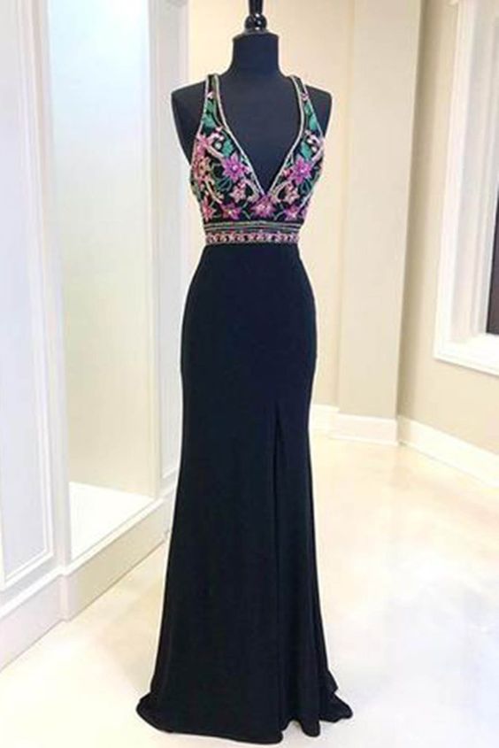 Black chiffon V neck long lace top mermaid evening dress, black long prom dress cg19592