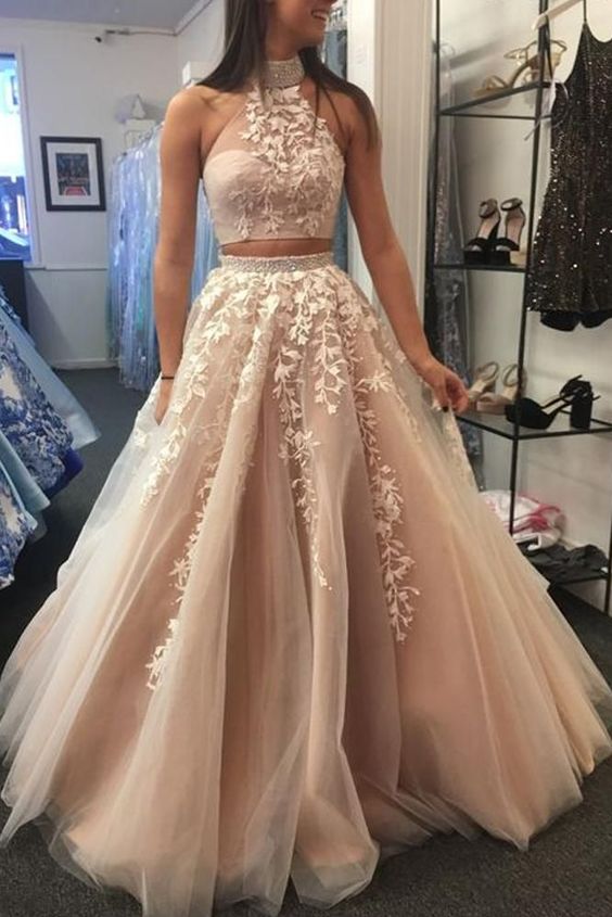 Elegant 2 Pieces Halter Long A-line Prom Dresses With Appliques cg19595