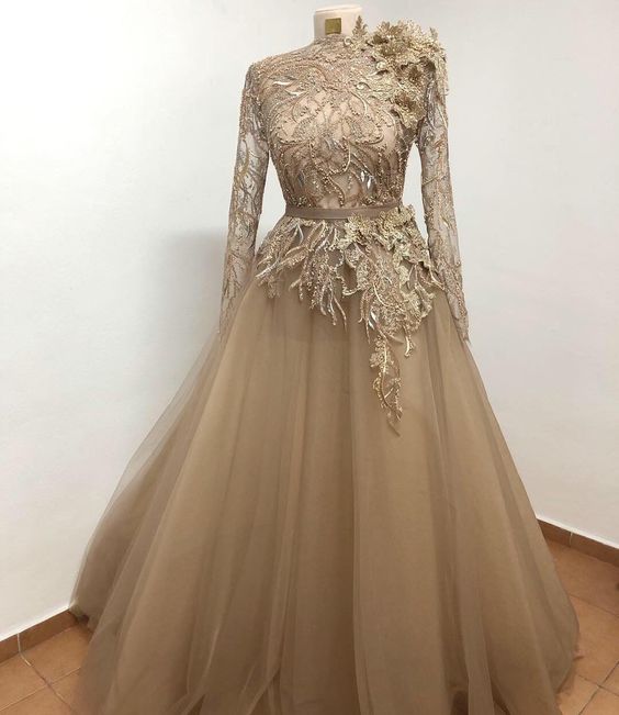 ELEGANT CHAMPAGNE LONG PROM DRESS TULLE FORMAL DRESS cg19597