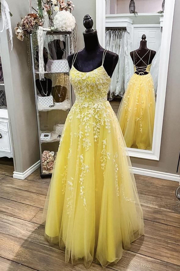 Yellow lace long A line prom dress evening dress cg19607