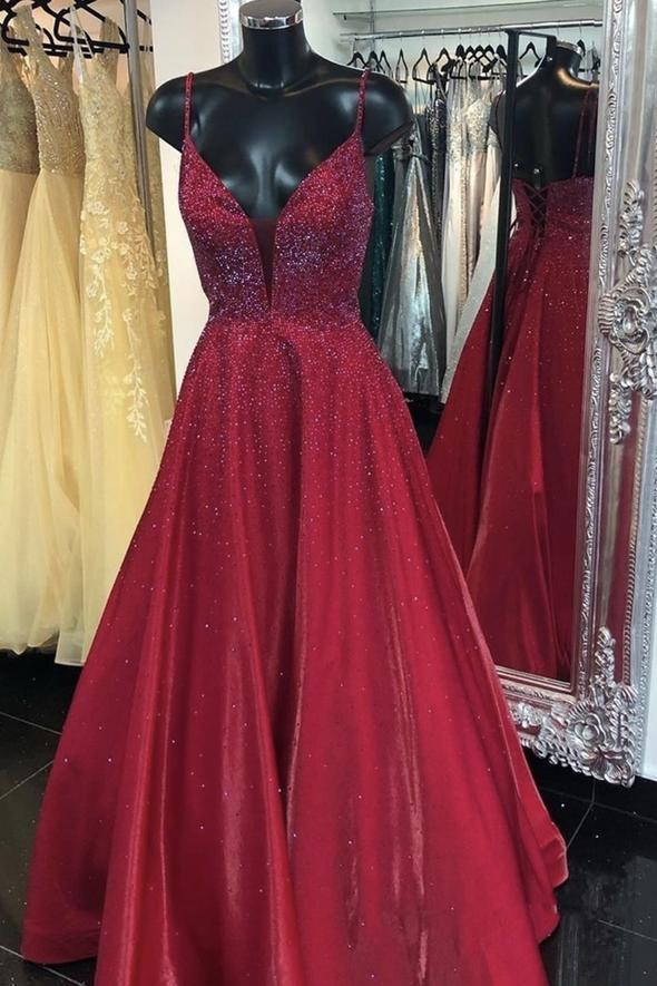Burgundy satin beads long prom dress evening dress cg19610