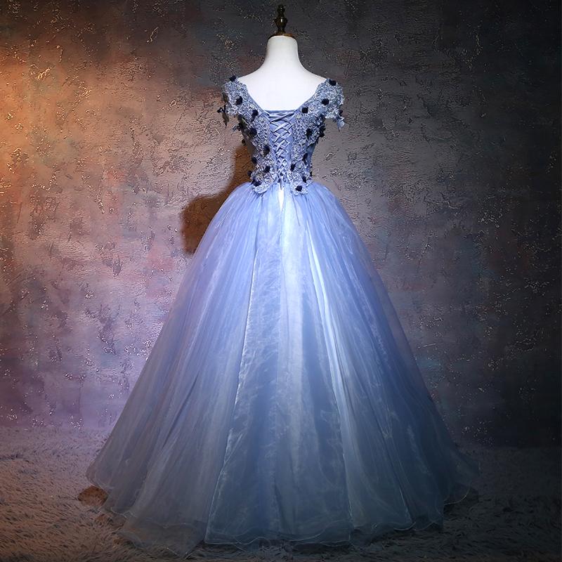 Charming Blue Ball Gown Lace Long Formal prom Dress, Blue Tulle Sweet 16 Dress With Flowers cg19613