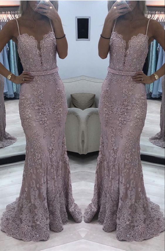 Elegant Mauve lace mermaid prom dresses sweetheart spaghetti straps cg19636