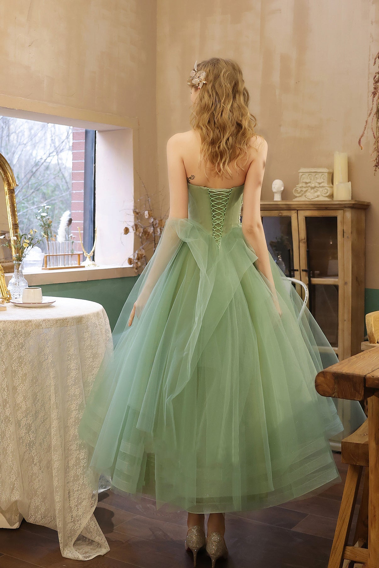 GREEN TULLE SHORT PROM DRESS GREEN EVENING DRESS cg19637