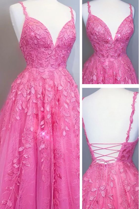 2021 hot pink A-line long prom dress with lace appliques cg19639