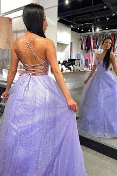 A-line shiny lavender long prom dress with lace up back cg19640