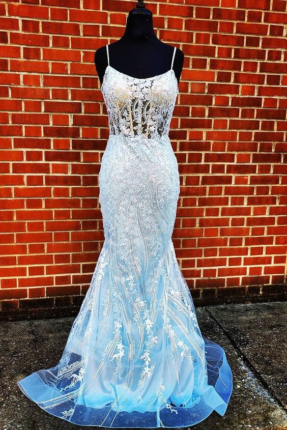 mermaid light blue long prom dress with spaghetti straps cg19642