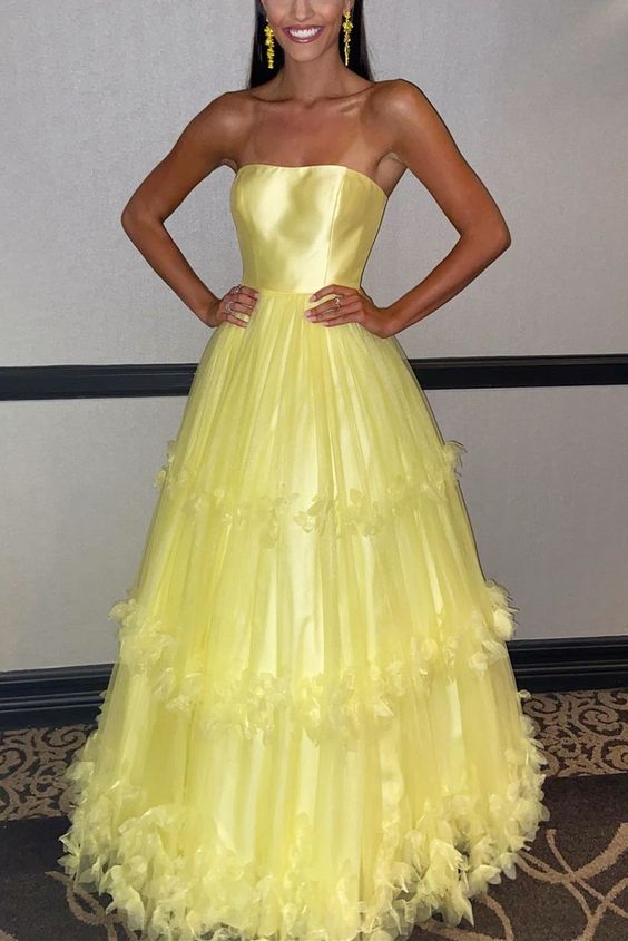 Yellow Long Formal Dress | 2021 Strapless Yellow A-line prom dress cg19644
