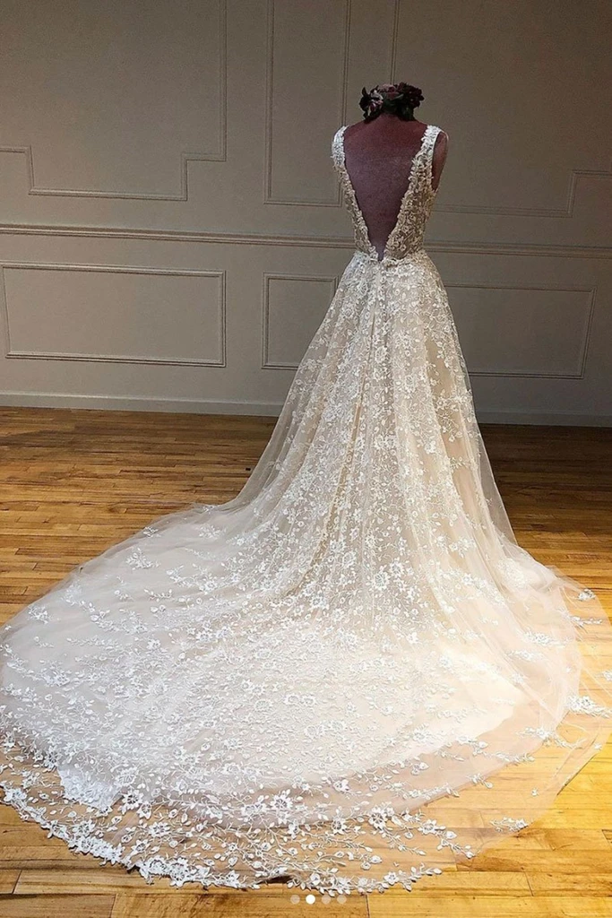 Deep V Neck and V Back Champagne Lace Long Wedding Dresses, Champagne Lace Prom Formal Evening Dresses cg19655