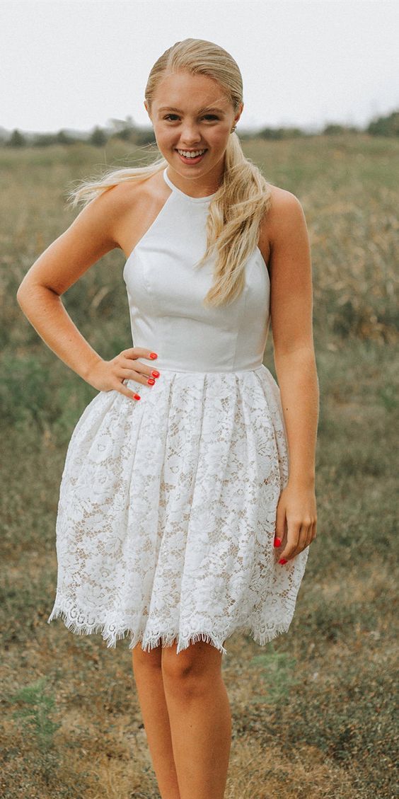 Short homecoming dresses, white lace homecoming dresses, party dresses dancing dresses cg19692