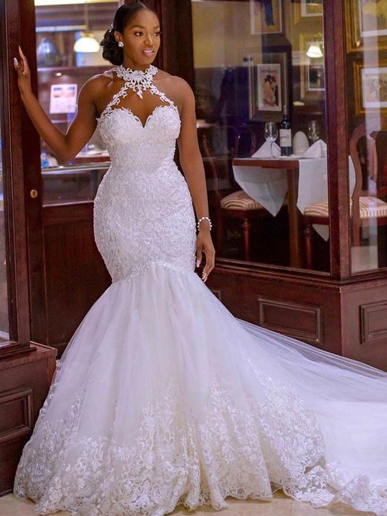 custom evening prom dresses Halter Sexy See Through Lace Mermaid Wedding Dresses cg19717