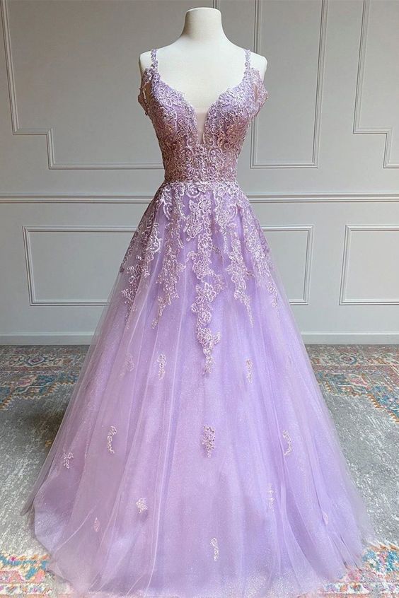 Lilac Tulle A-line Long Prom Dress cg19740