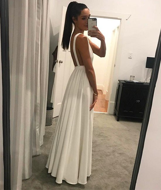 Sexy Ivory Low V Neck A Line Floor Length Formal prom Gown, Evening Dress With Open Back cg19746