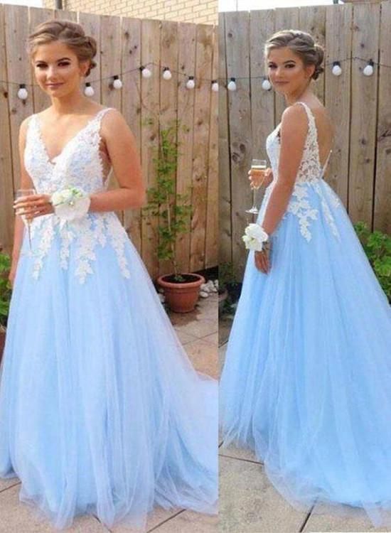 Charming Light Blue V-neckline Tulle Prom Dress with Applique, Lovely Formal Gown cg19763
