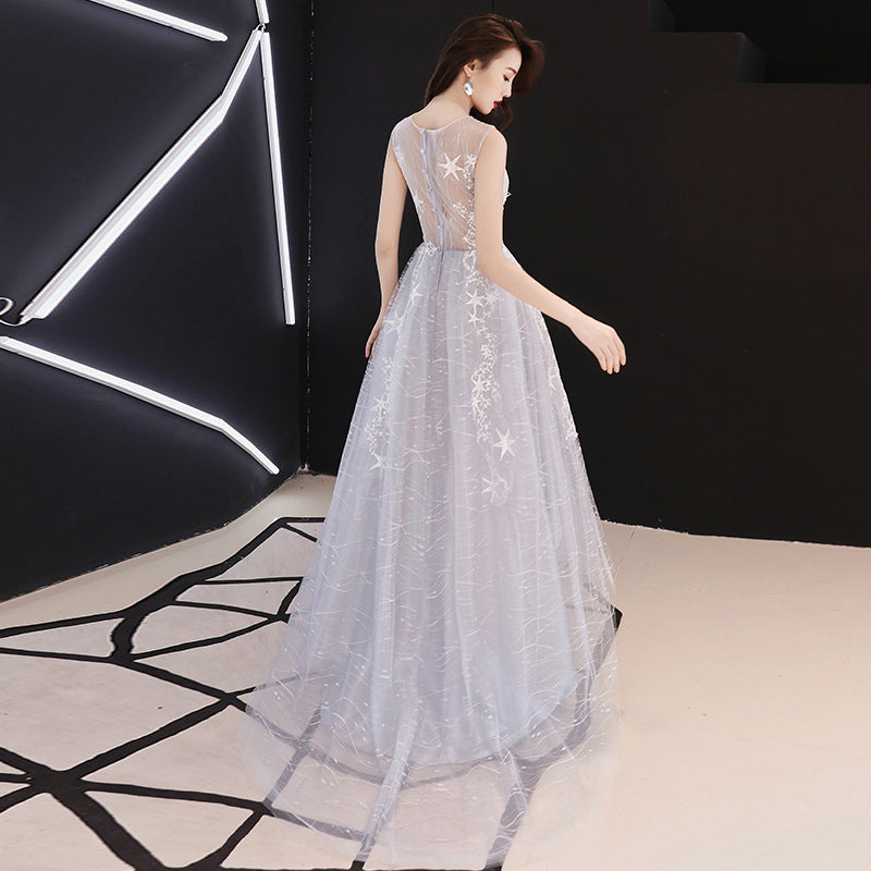 fashion Prom Dresses Light Grey Lace High Low Round Neckline cg19770
