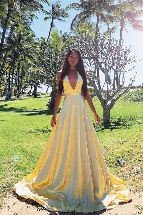 Yellow Satin A-Line Prom Dress With Side Slit cg19782