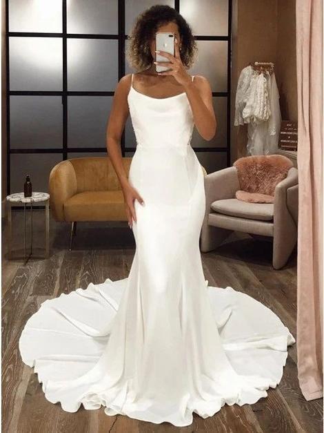 White Mermaid Satin Sleeveless Prom Dress With Sweep Train cg19785