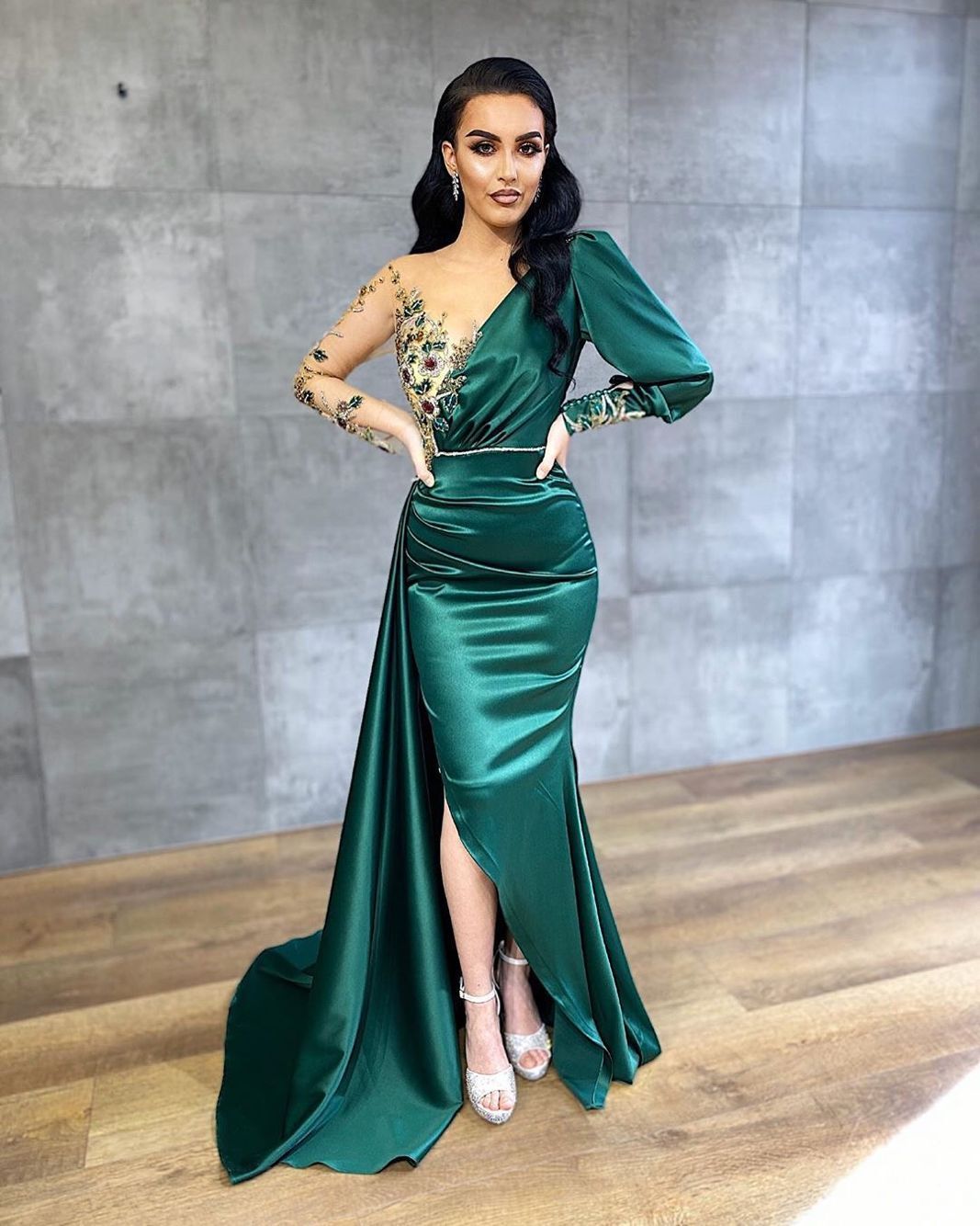 HIGH QUALITY SATIN LONG SLEEVES MERMAID EVENING GOWNS PROM DRESS cg19797