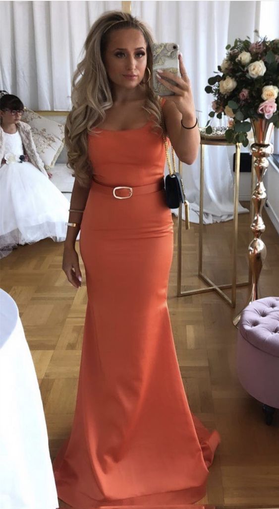 Prom Dresses Beautiful Orange Mermaid Bridesmaid Dresses Satin Floor Length Spaghetti Straps cg19804