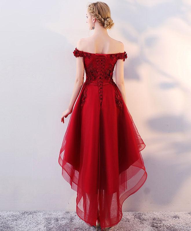 Dark Red High Low Tulle Homecoming Dress With Lace cg19835