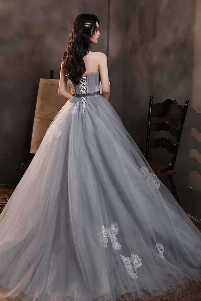GRAY TULLE LACE LONG PROM DRESS GRAY TULLE FORMAL DRESS cg19838