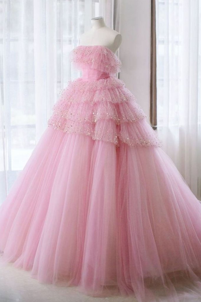PINK TULLE LACE LONG PROM DRESS PINK TULLE EVENING DRESS cg19839