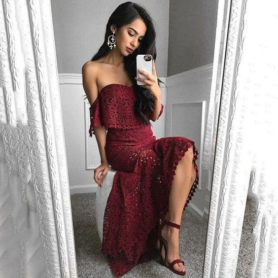 Burgundy Lace Mermaid Prom Dress , Charming Prom Dress cg19841