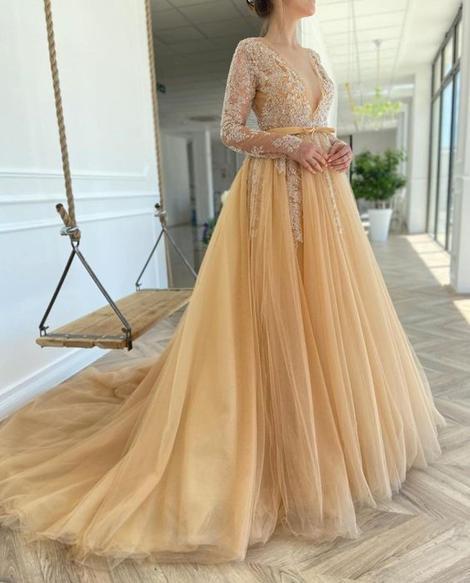 A-line V Neck Tulle Lace Prom Dress cg19847
