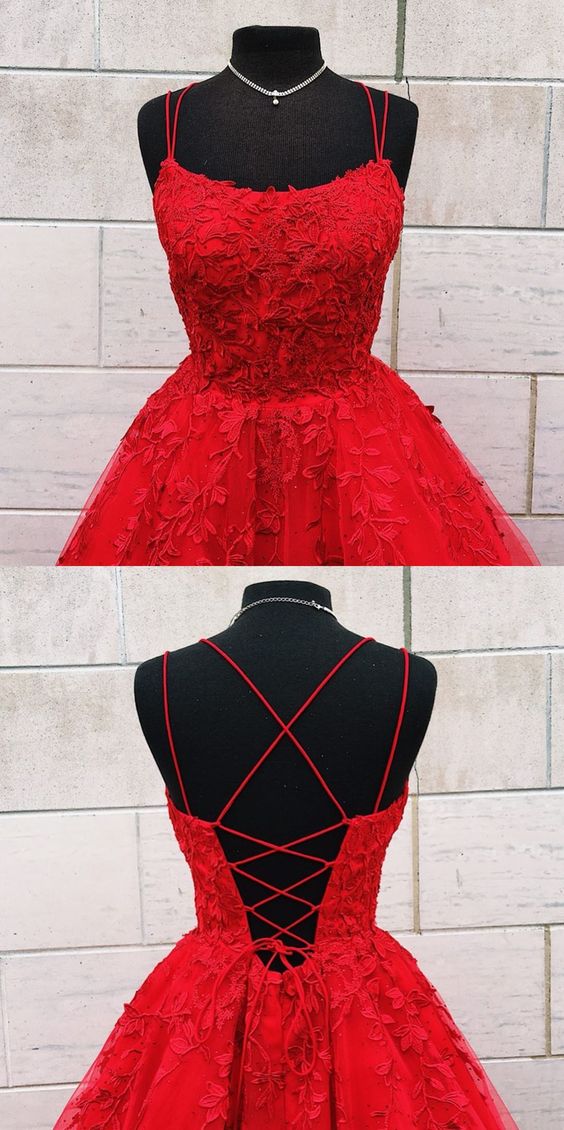 gorgeous red long prom dres with double straps, lace up back and lace appliques cg19856