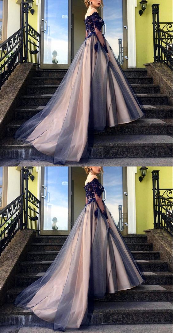 Elegant navy and nude tulle ball gown prom dresses lace long sleeves off the shoulder for sweet 16 cg19862