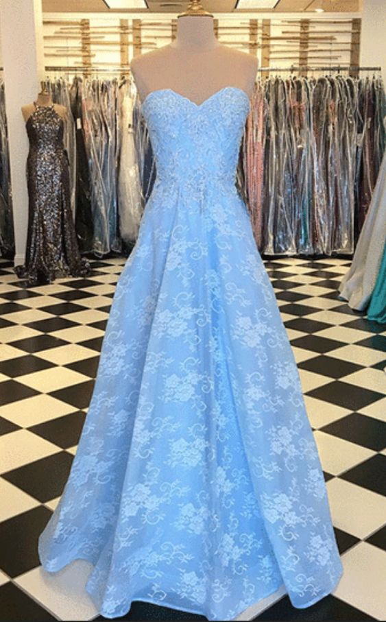 Blue lace sweetheart neck long strapless prom dress, evening dress,long Prom Dress,evening dress cg19867