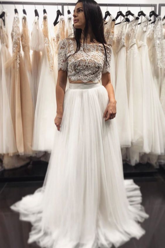 long prom dress two piece white jewel 1/2 sleeves full length fanshion dress,applique lace tulle wedding dress cg19869