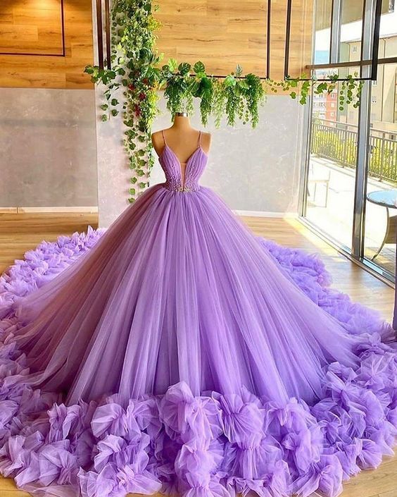 Spaghetti Straps Lavender Beading Bodice Tulle Evening Prom Dress with Handmade Flowers cg19870