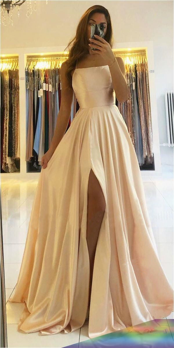 A-line Scoop Stretch Satin High Split Long Simple Prom Dress Formal Evening Gowns cg19884