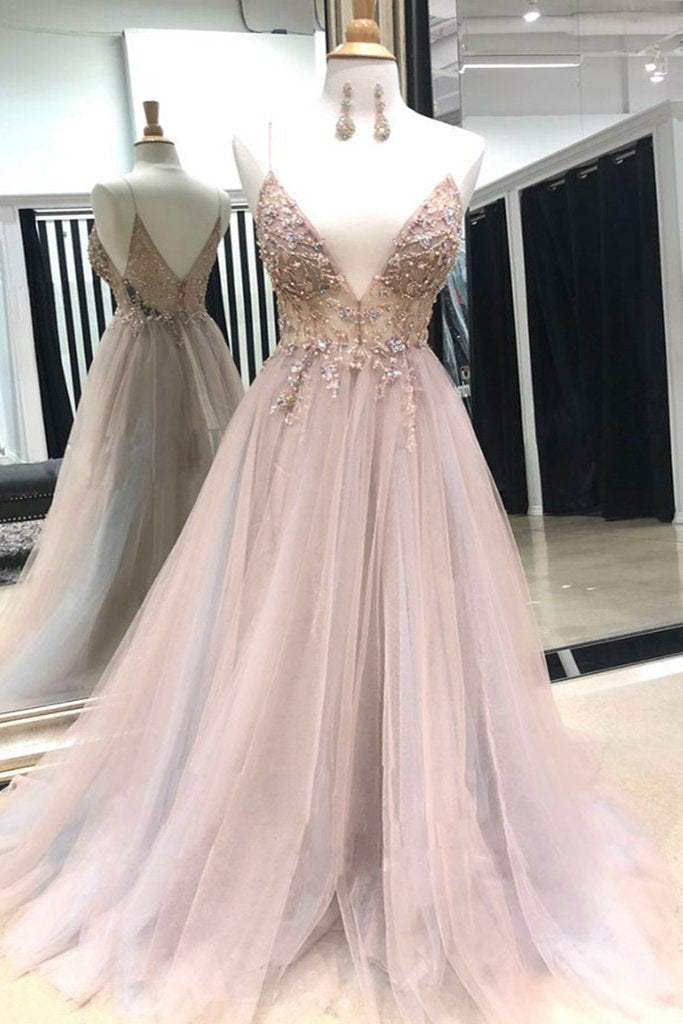 Unique Long V neck Tulle Spaghetti Beaded Evening Dress, Prom Dress cg19893