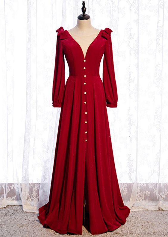 A-Line Burgundy Velvet Long Sleeve Prom Dress With Split cg19902