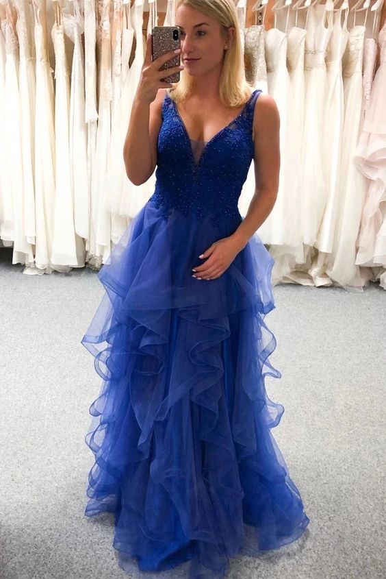 Blue V Neck Sleeveless Tulle Prom Dress with Ruffles, Floor Length Beading Formal Dress cg19938