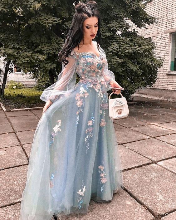 Charming Long Sleeves Unique Applique Long Prom Dresses cg19942