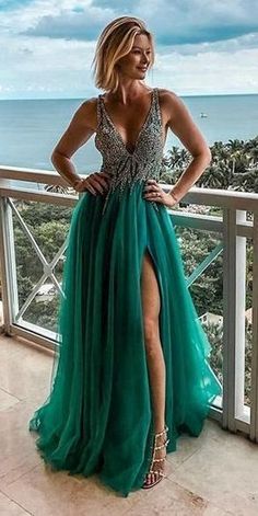 Fashion V neck Green Tulle Prom Dress, Split Slit Evening Party Dresses cg19953