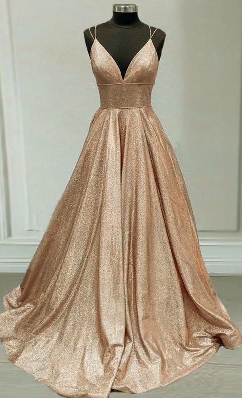 Sparkly prom dresses champagne gold ball gown v neck with multi straps cg19968