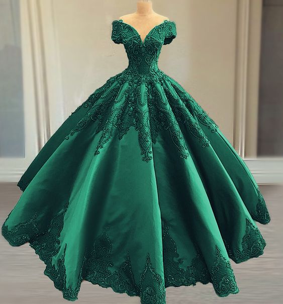 prom dresses Elegant green satin ball gown wedding dress lace embroidery beaded off the shoulder for bridal party cg19969